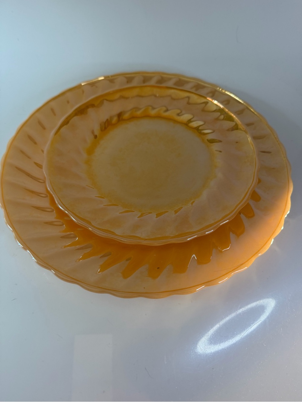 Vintage fire-king anchor hocking peach luster swirl plates set of 2
